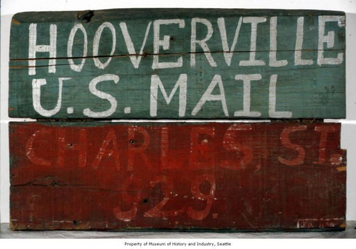 Image of Post Office sign from Hooverville in Seattle, ca. 1930
