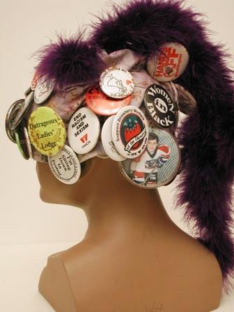 Image of Seattle Raging Grannies hat with activist buttons, ca. 1995