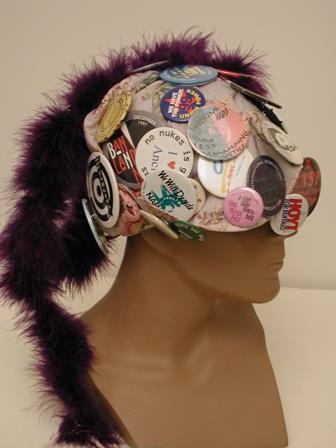 Image of Seattle Raging Grannies hat with activist buttons, ca. 1995