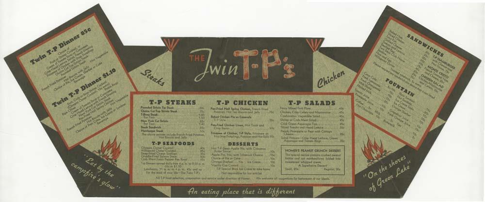 Image of Twin T-P's menu, circa 1938