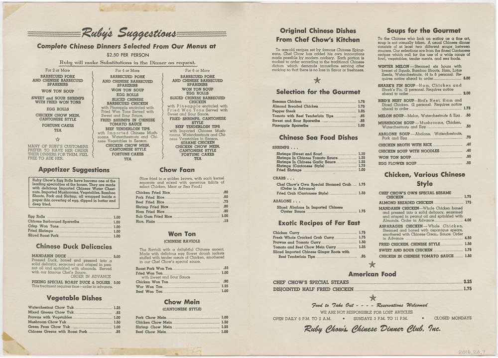 Image of Ruby Chow's menu, circa 1955