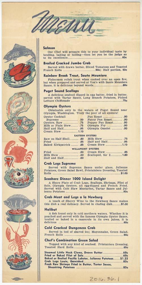 Image of Von's Cafe menu, circa 1946