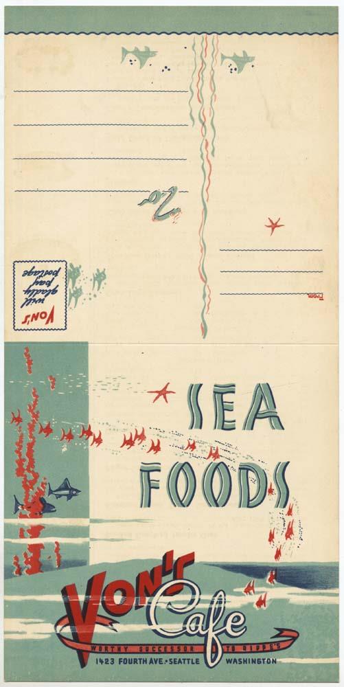Image of Von's Cafe menu, circa 1946