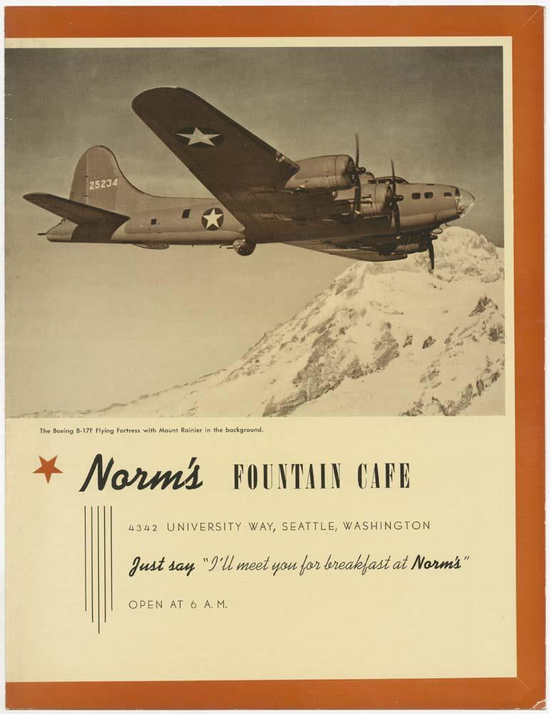Image of Norm's Fountain Cafe menu, circa 1945