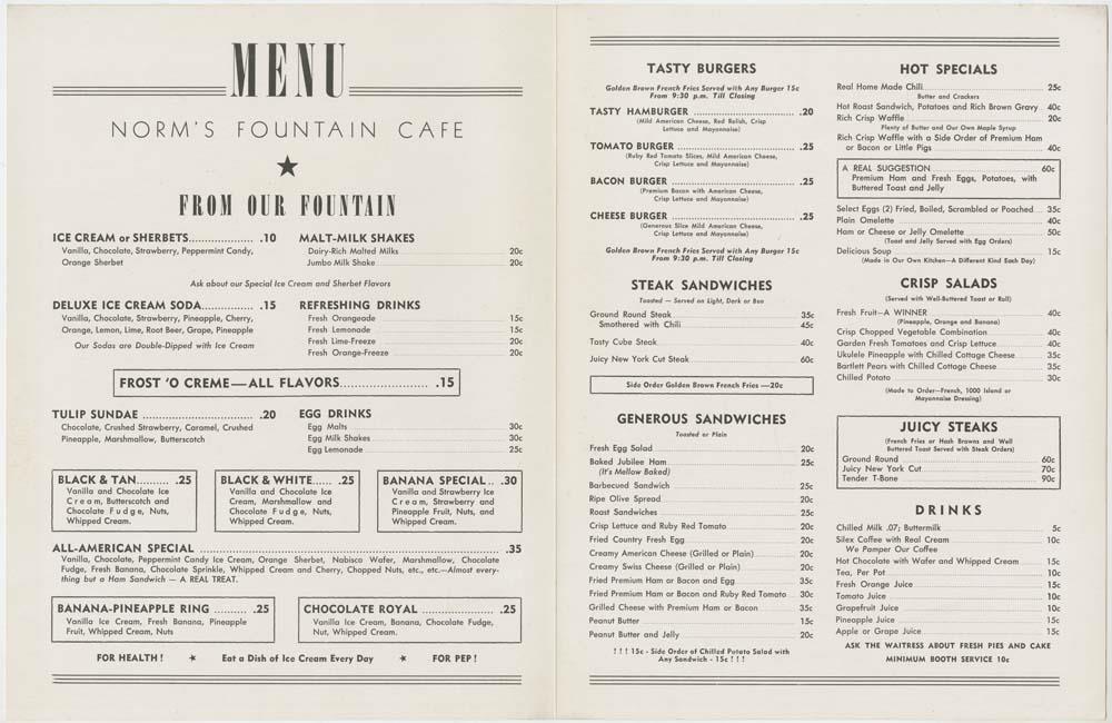 Image of Norm's Fountain Cafe menu, circa 1945