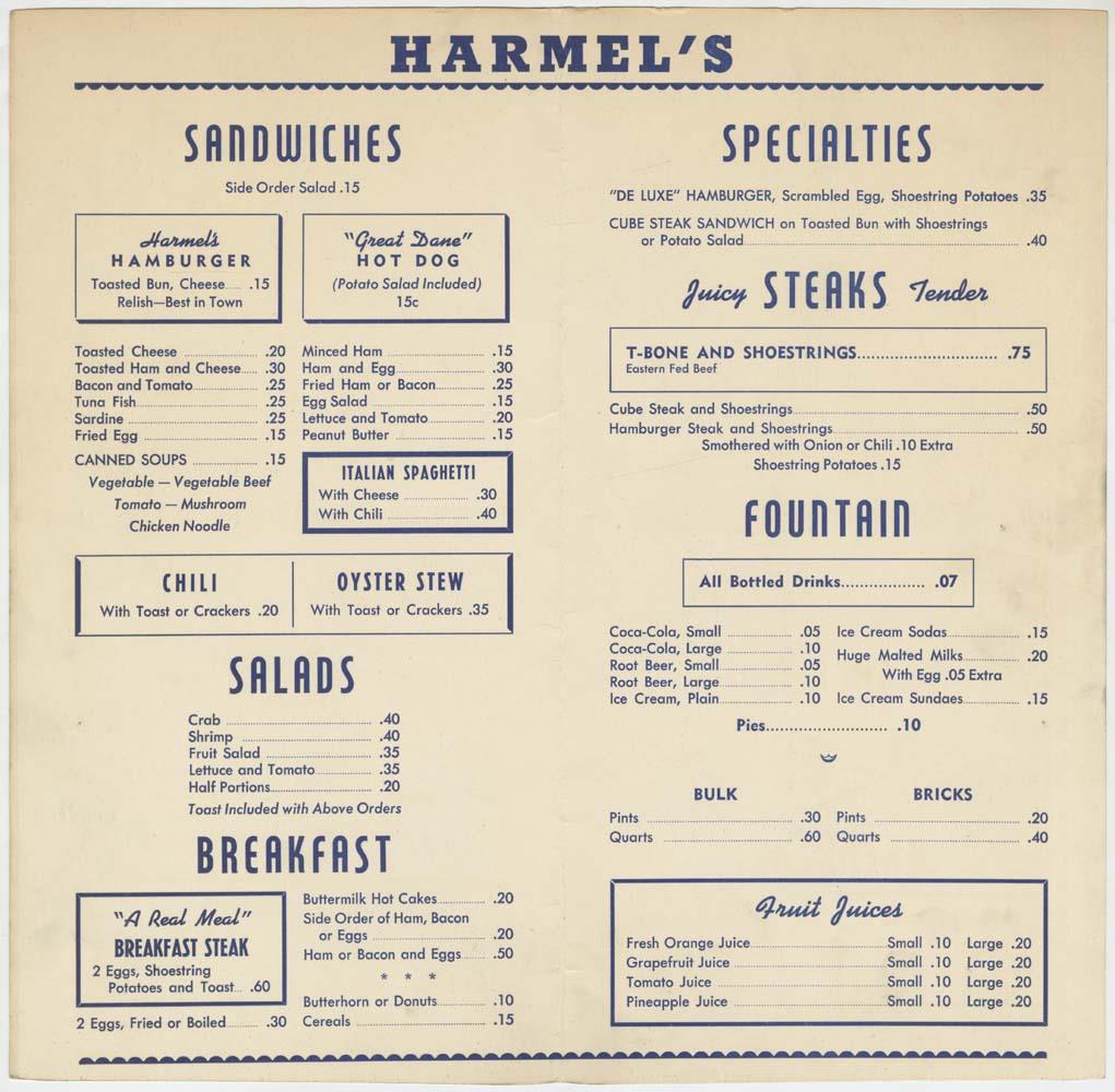 Image of Harmel's menu, circa 1941