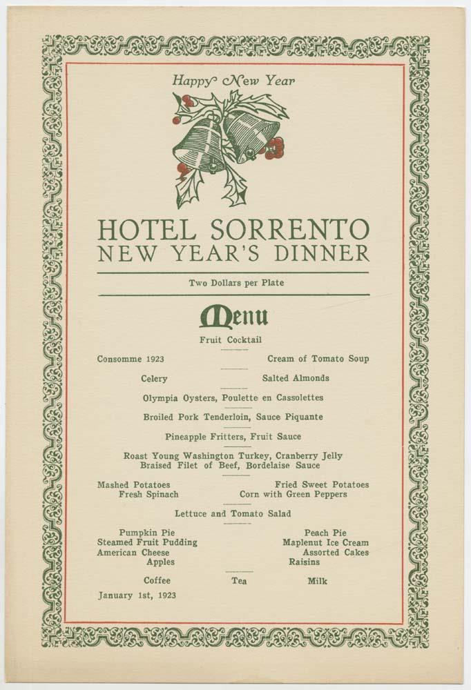 Image of Hotel Sorrento New Year's Dinner menu, 1923