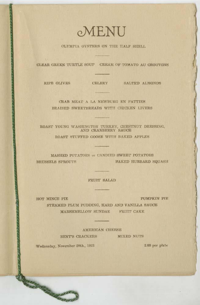 Image of Hotel Sorrento Thanksgiving Dinner menu, 1923