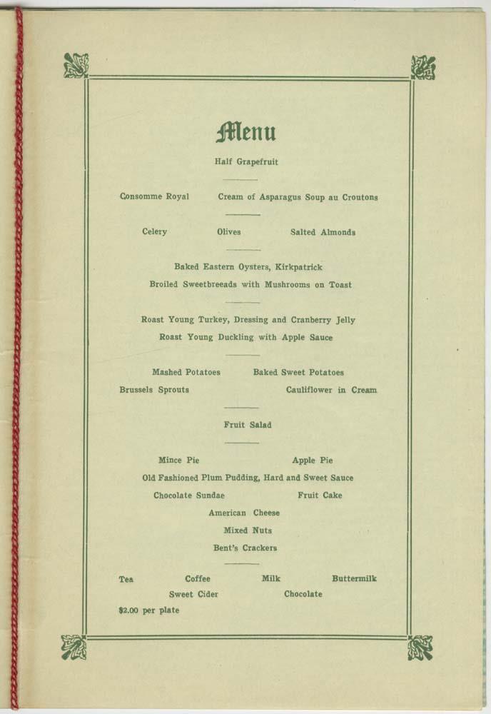 Image of Hotel Sorrento Christmas Dinner menu, 1923