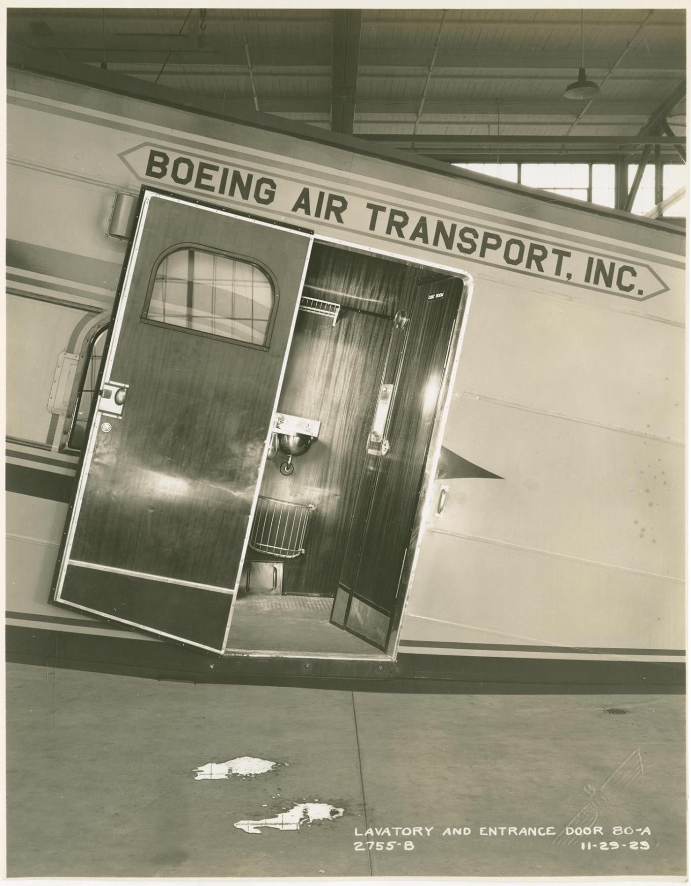 Image of Entrance door and lavatory on the Boeing Model 80-A plane at Boeing plant, Seattle, November 29, 1929
