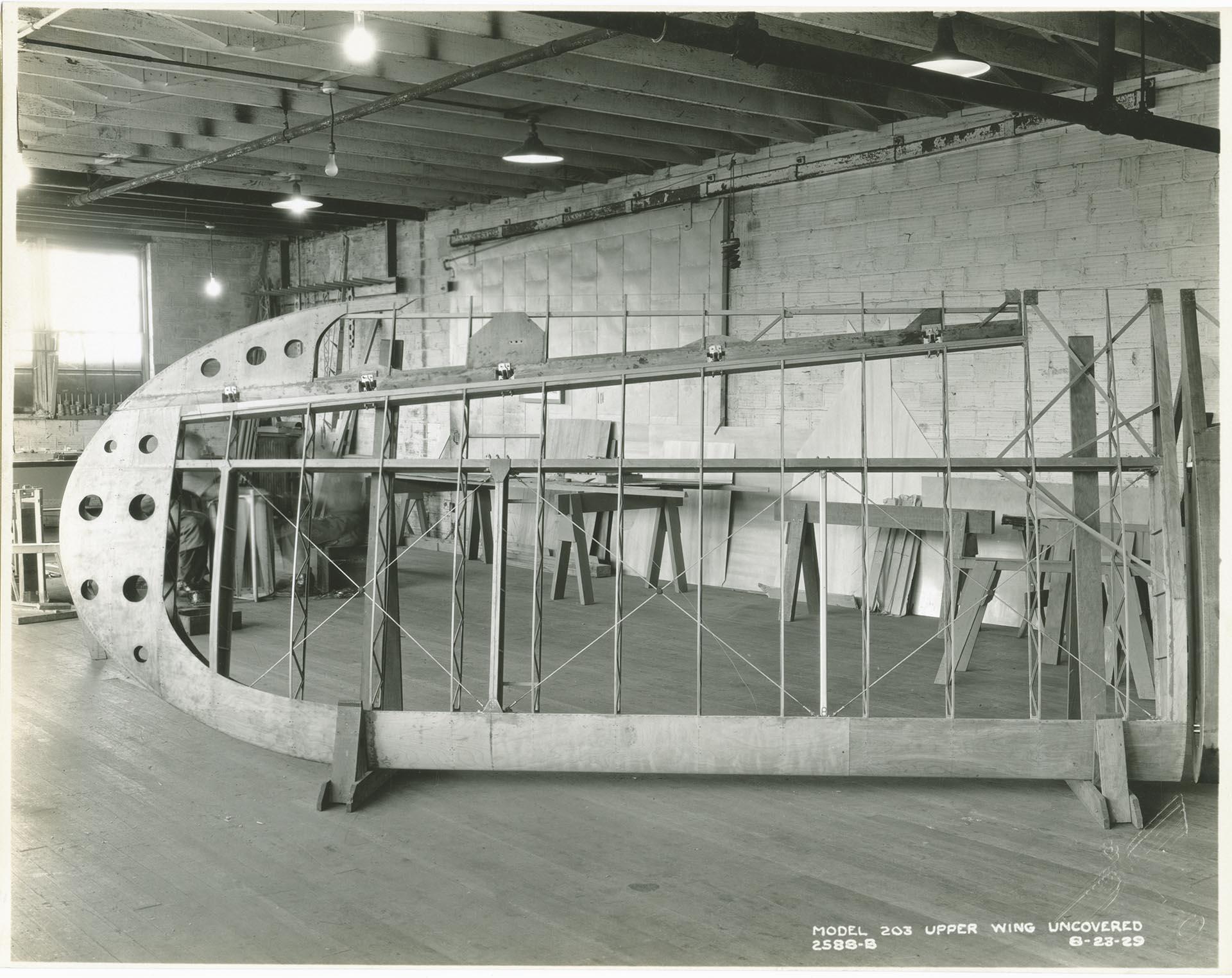 Image of Frame for wing of Boeing Model 203 plane at Boeing plant, Seattle, August 23, 1929