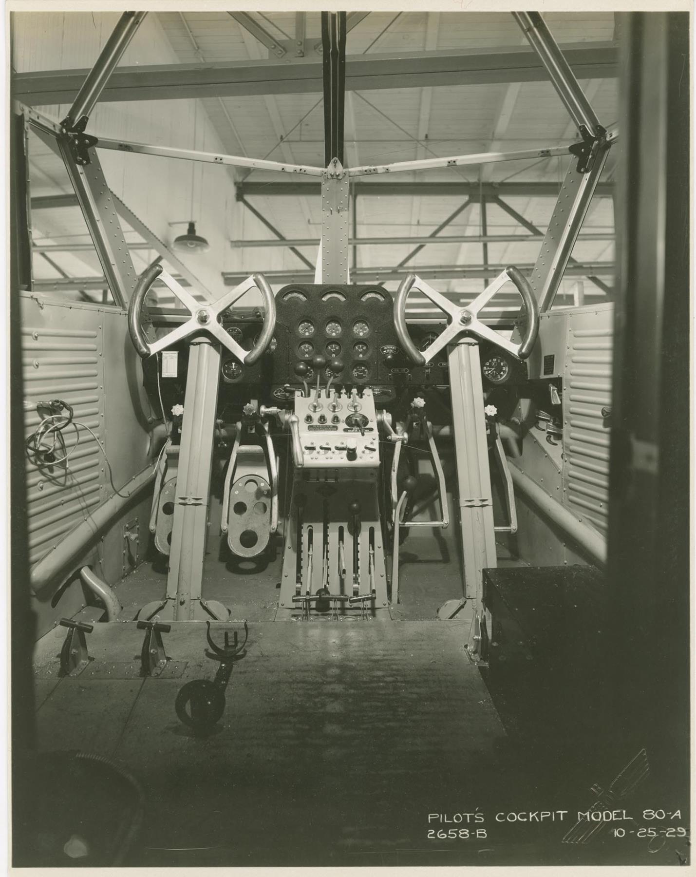 Image of Boeing Model 80-A pilot's cockpit at Boeing plant, Seattle, October 25, 1929