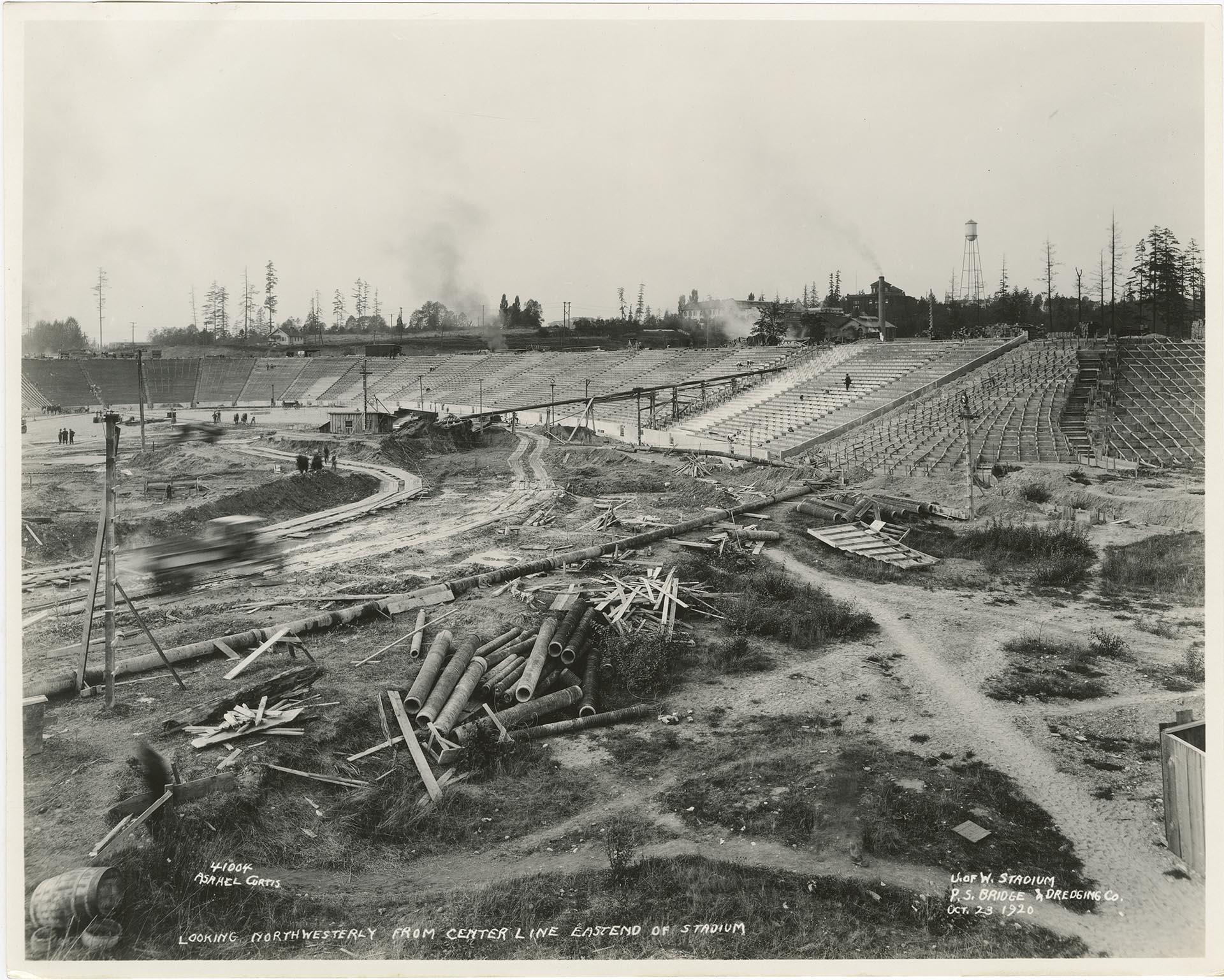 Image of Construction of Husky Stadium on University of Washington campus, Seattle, October 23, 1920