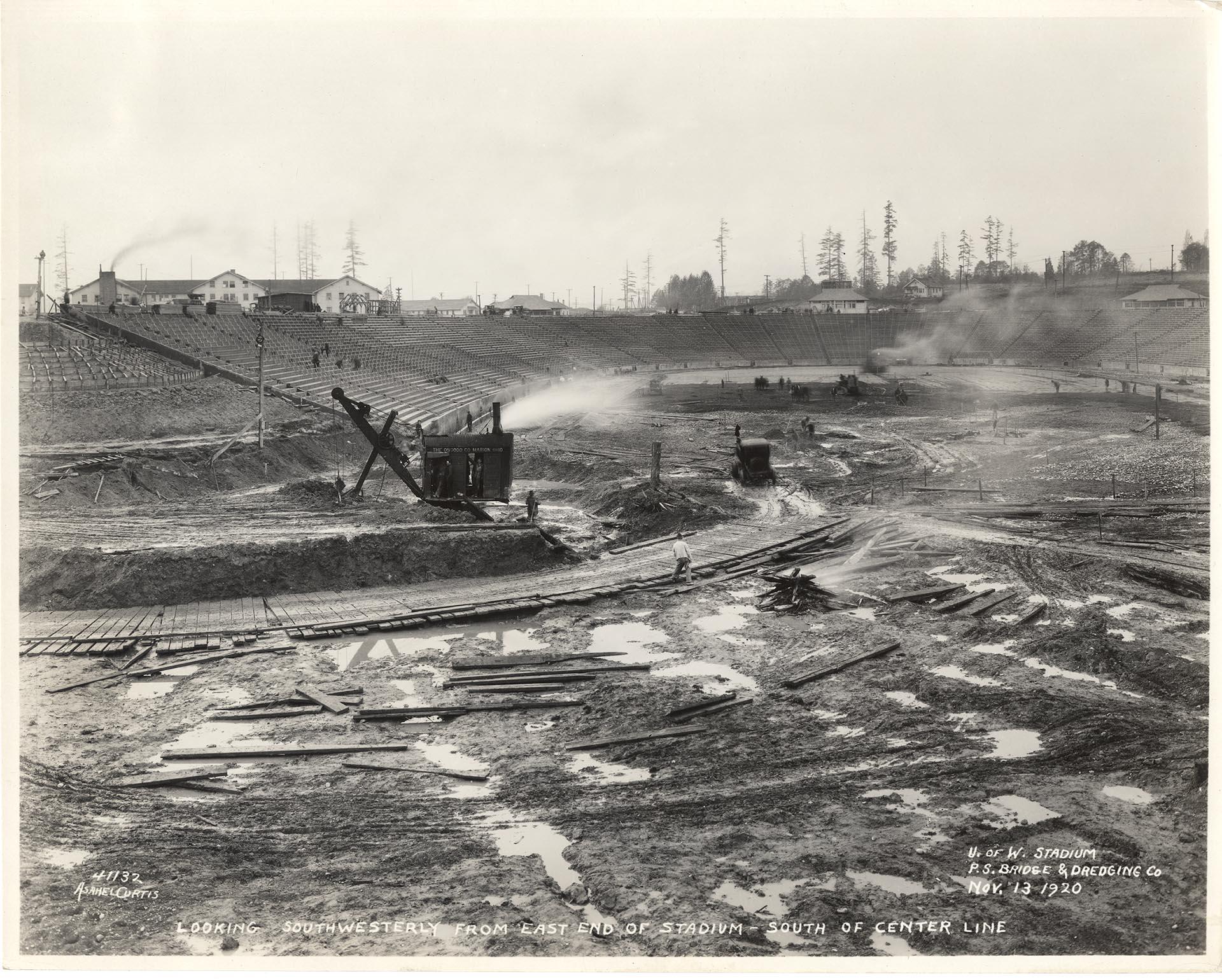 Image of Construction of Husky Stadium on University of Washington campus, southwest view, Seattle, November 13, 1920