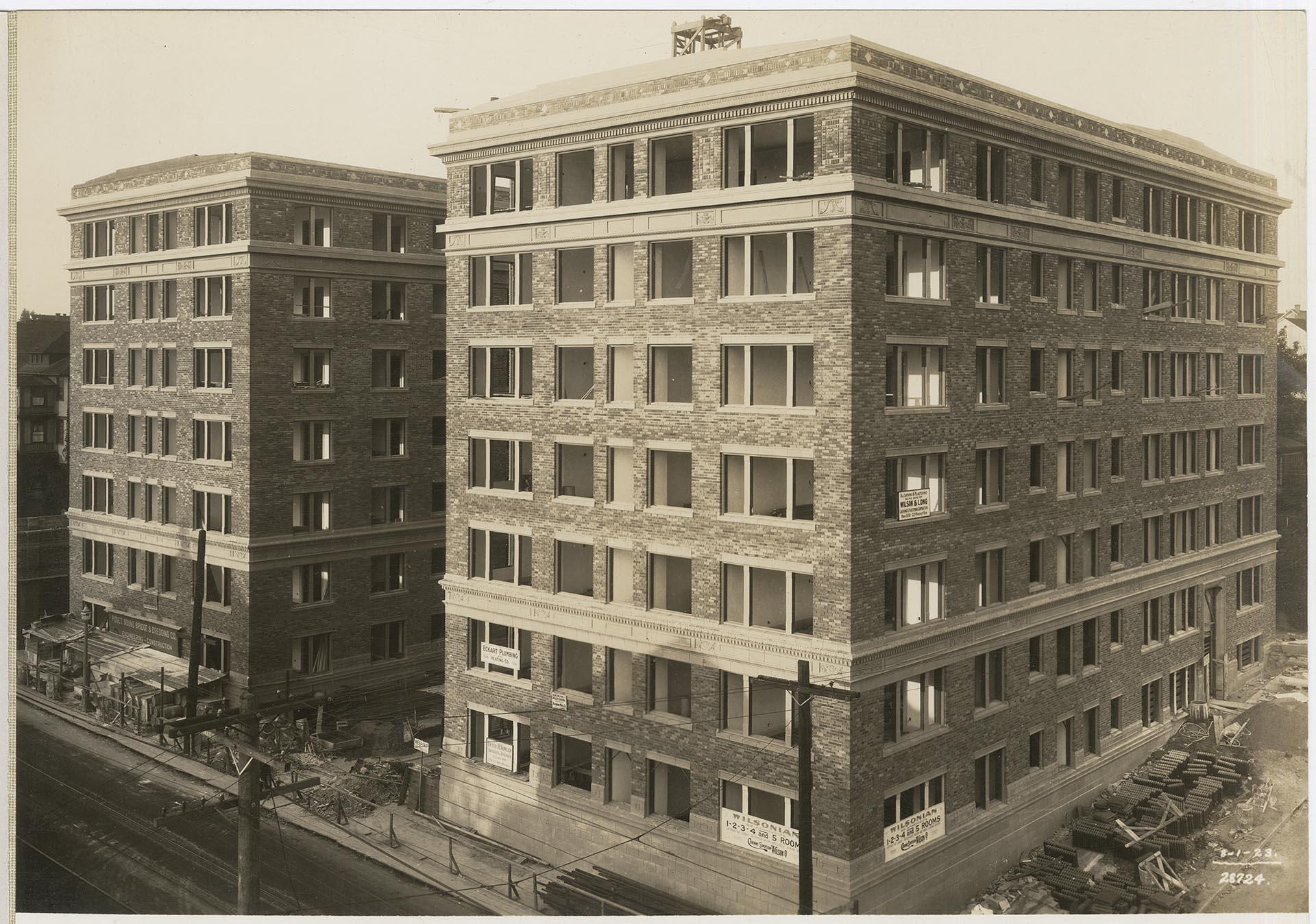 Image of Wilsonian Apartment Hotel during construction, Seattle, August 1, 1923
