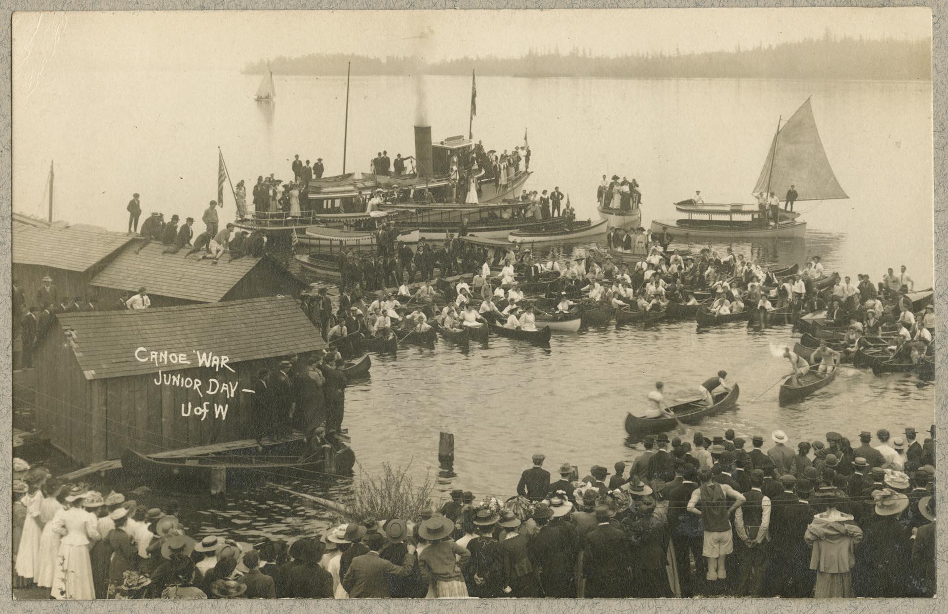 Image of Canoe War during Junior Day event at University of Washington, circa 1910