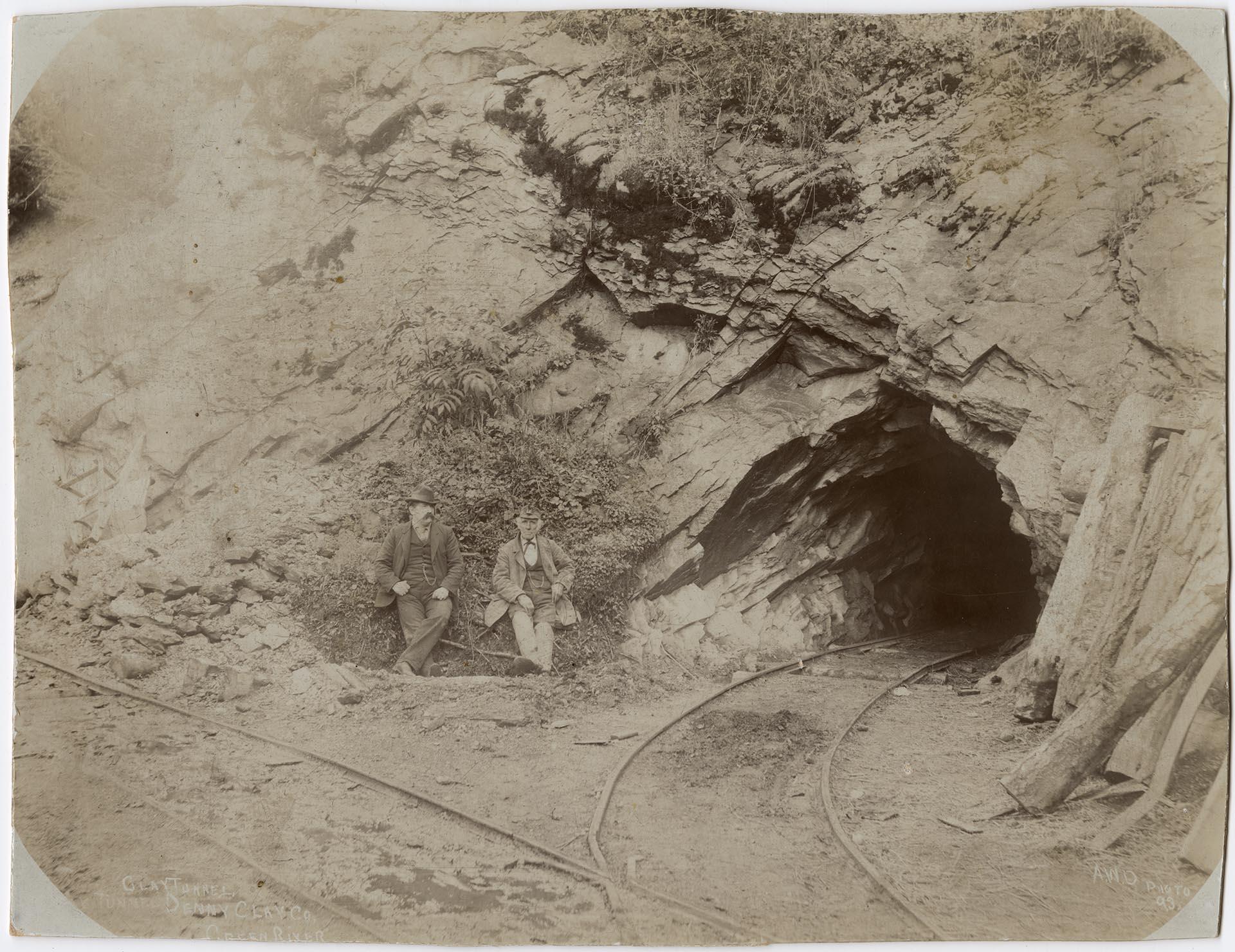 Image of Orion Denny and John Pritchard outside Denny Clay Mine, Taylor, circa 1895