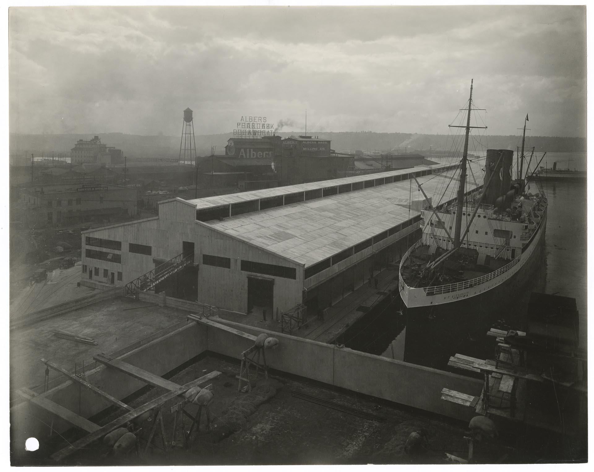 Image of Admiral Line ship and terminal at Pier D, Seattle, 1925