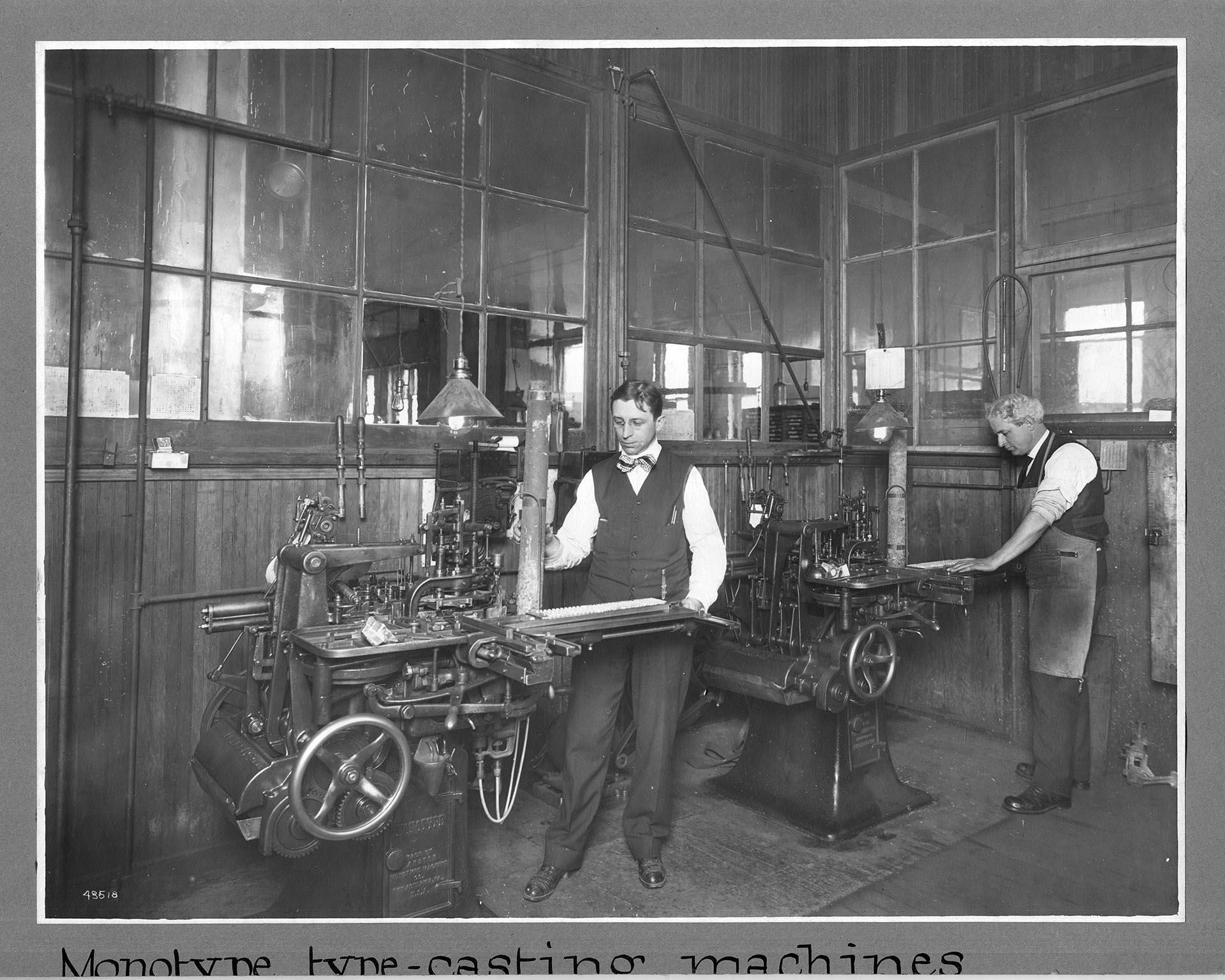 Image of Lowman & Hanford Co. employees working at Monotype type-casting machines, Seattle, circa 1908