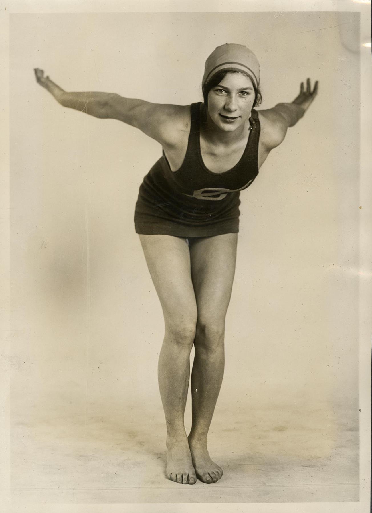 Image of Studio photo of Helene Madison in swimsuit, circa 1929