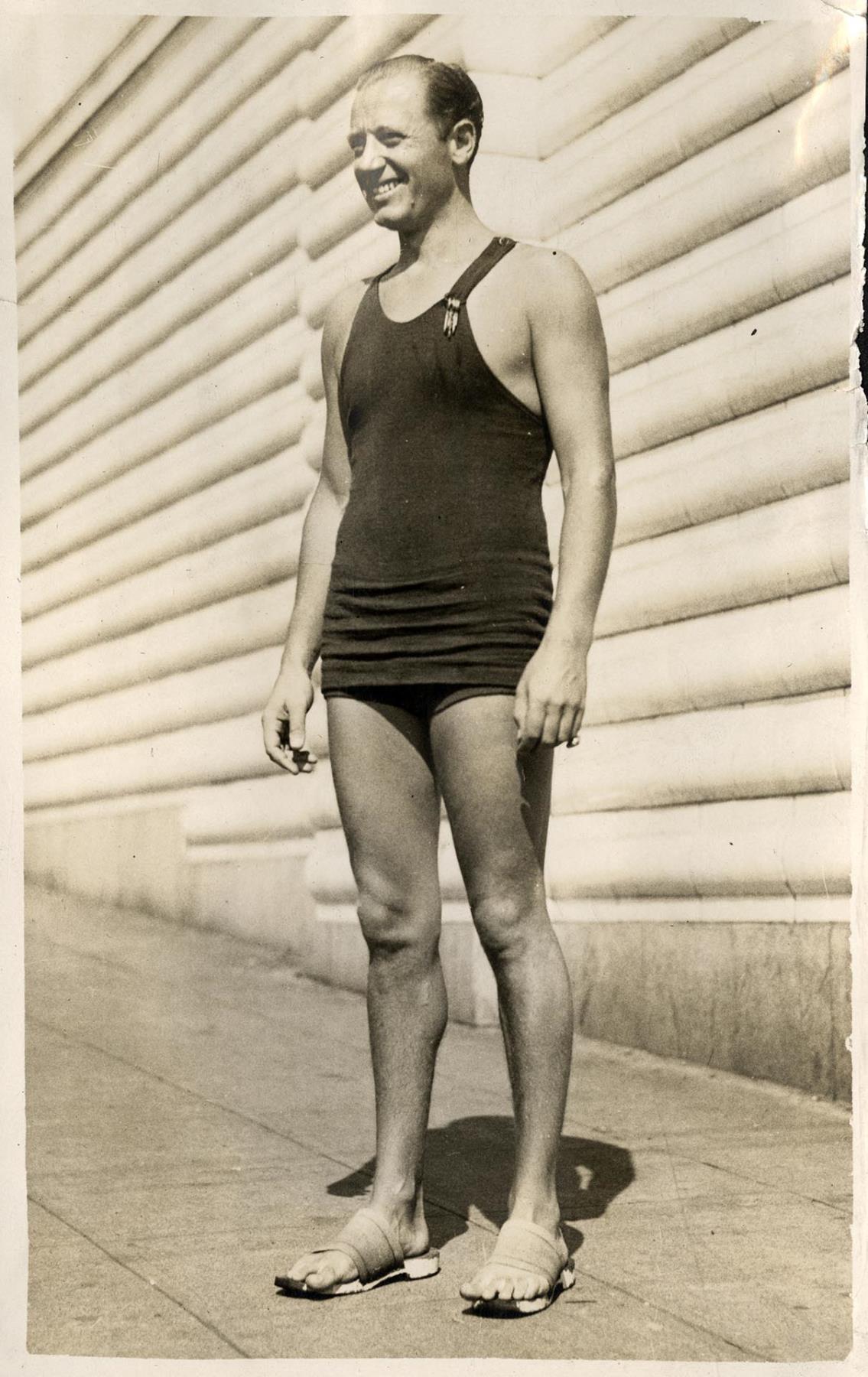 Image of Swimming coach Ray Daughters in swimsuit, circa 1929