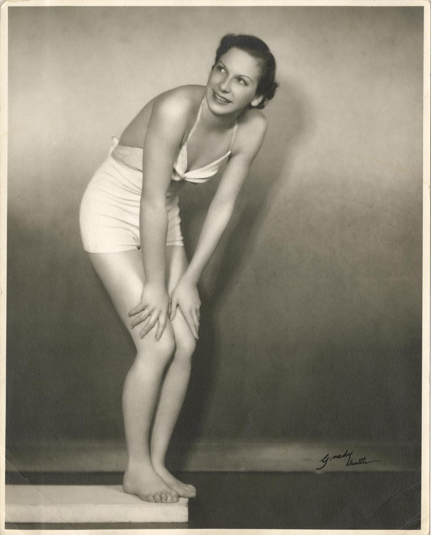 Image of Studio photo of swimmer Helene Madison in swimsuit, circa 1930