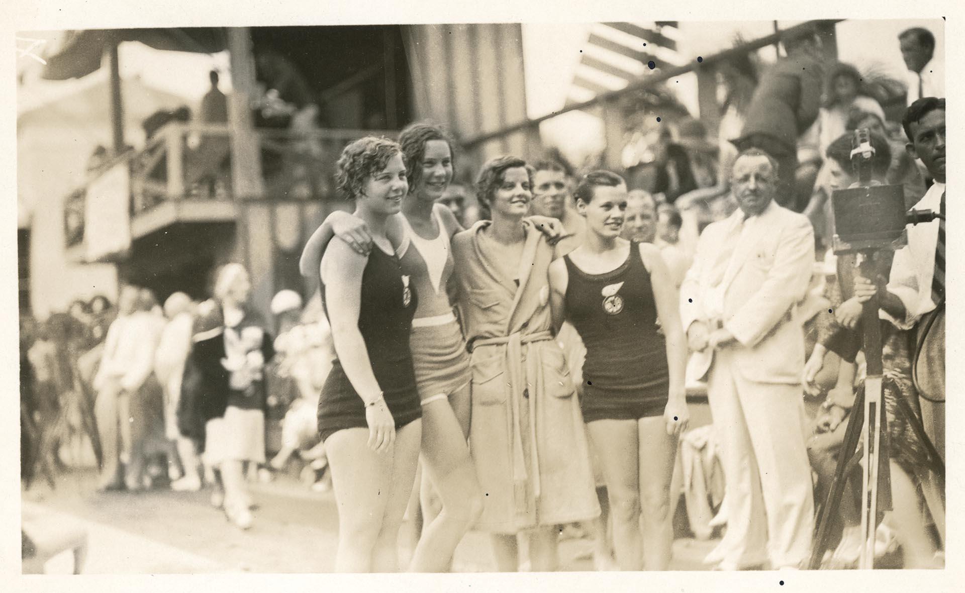 Image of Helene Madison and teammates at poolside at the Olympic games, Los Angeles, 1932
