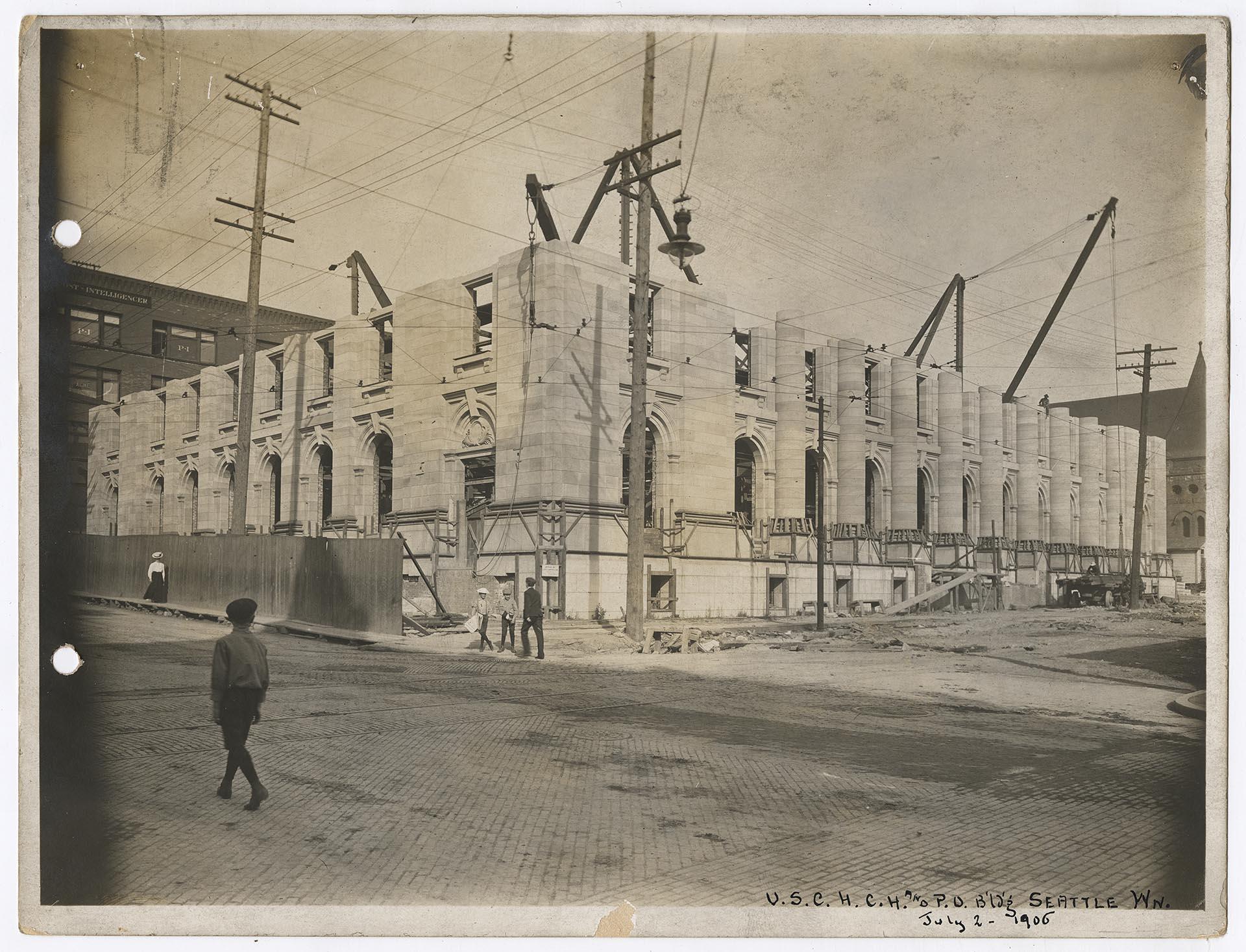 Image of Construction of the U. S. Courthouse, Custom House, and Post Office building, Seattle, July 2, 1906