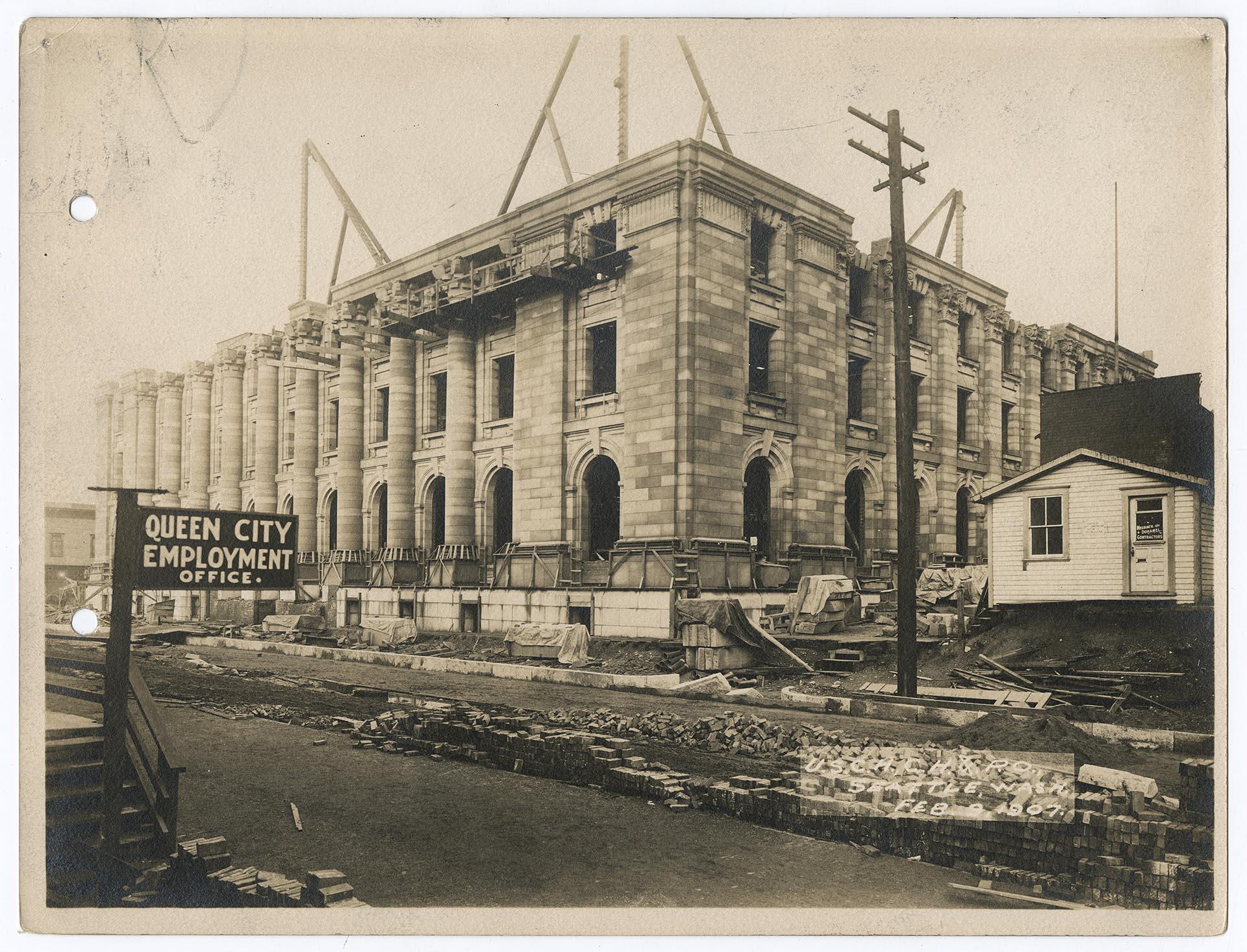 Image of Construction of the U. S. Courthouse, Custom House, and Post Office building, Seattle, February 9, 1907