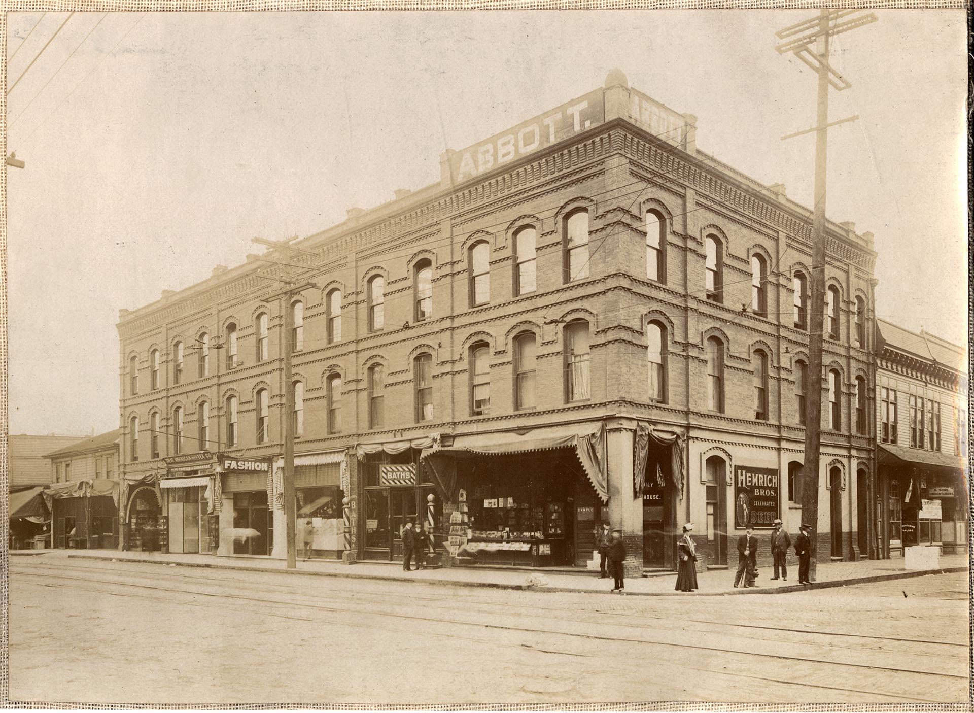 Image of Abbott Hotel building, 3rd Ave. and Pike St., Seattle, circa 1900