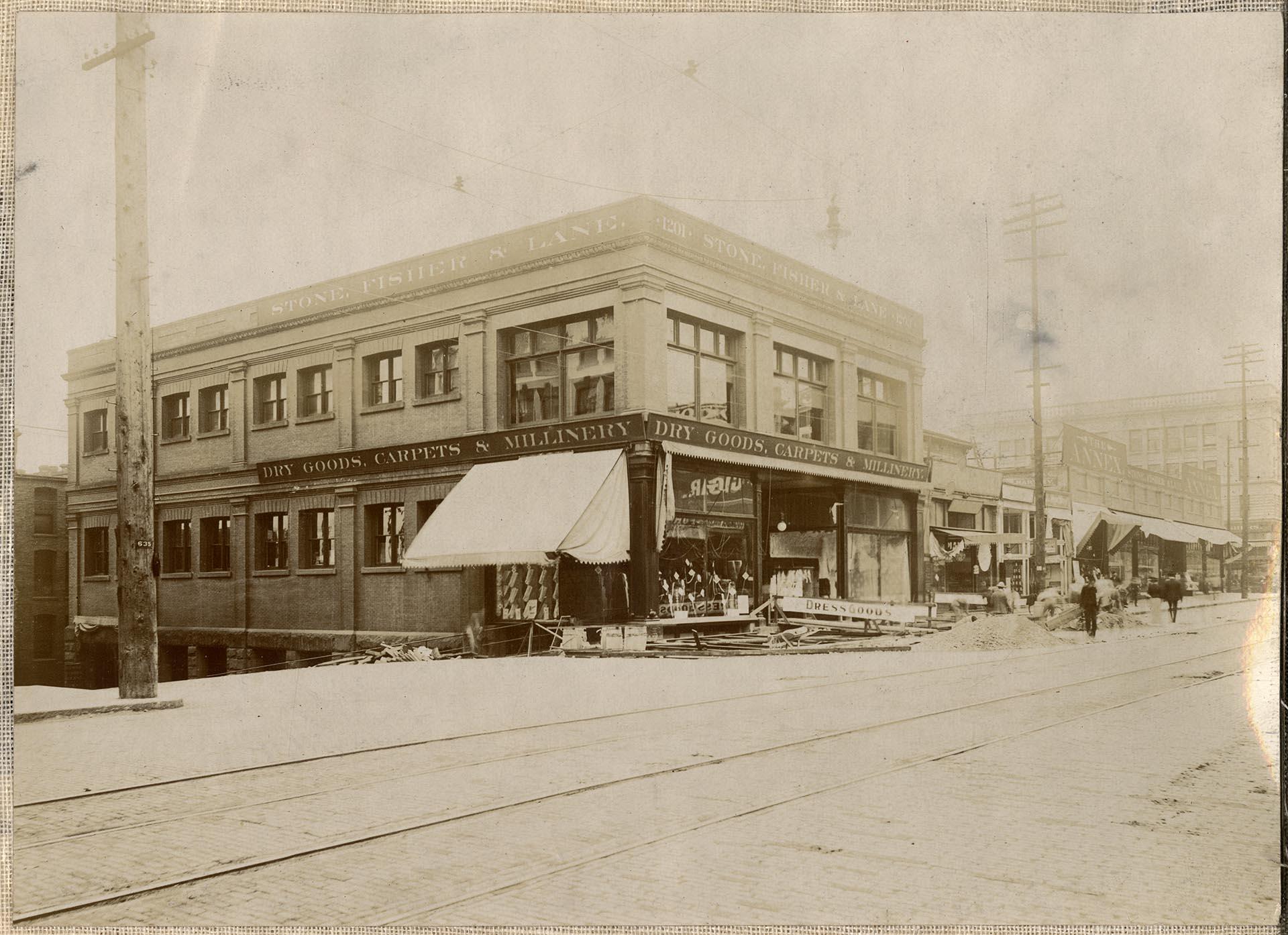 Image of Stone Fisher Co. building at 2nd Ave. and Seneca St., Seattle, circa 1906