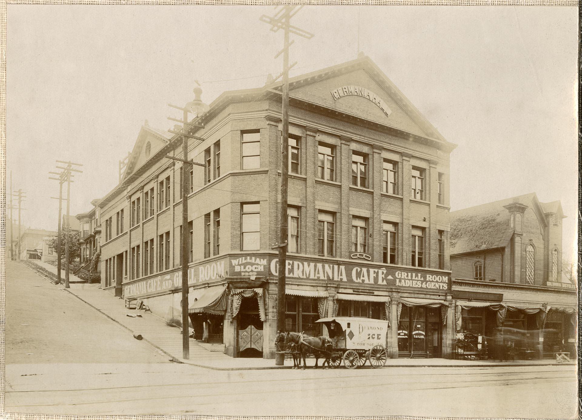 Image of Germania Hall building at 2nd Ave. and Seneca St., Seattle, circa 1903