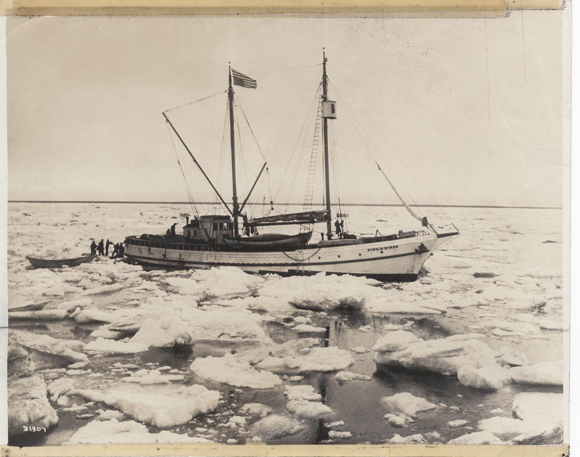 Image of Schooner King & Winge and crew amid Arctic ice floes, 1914