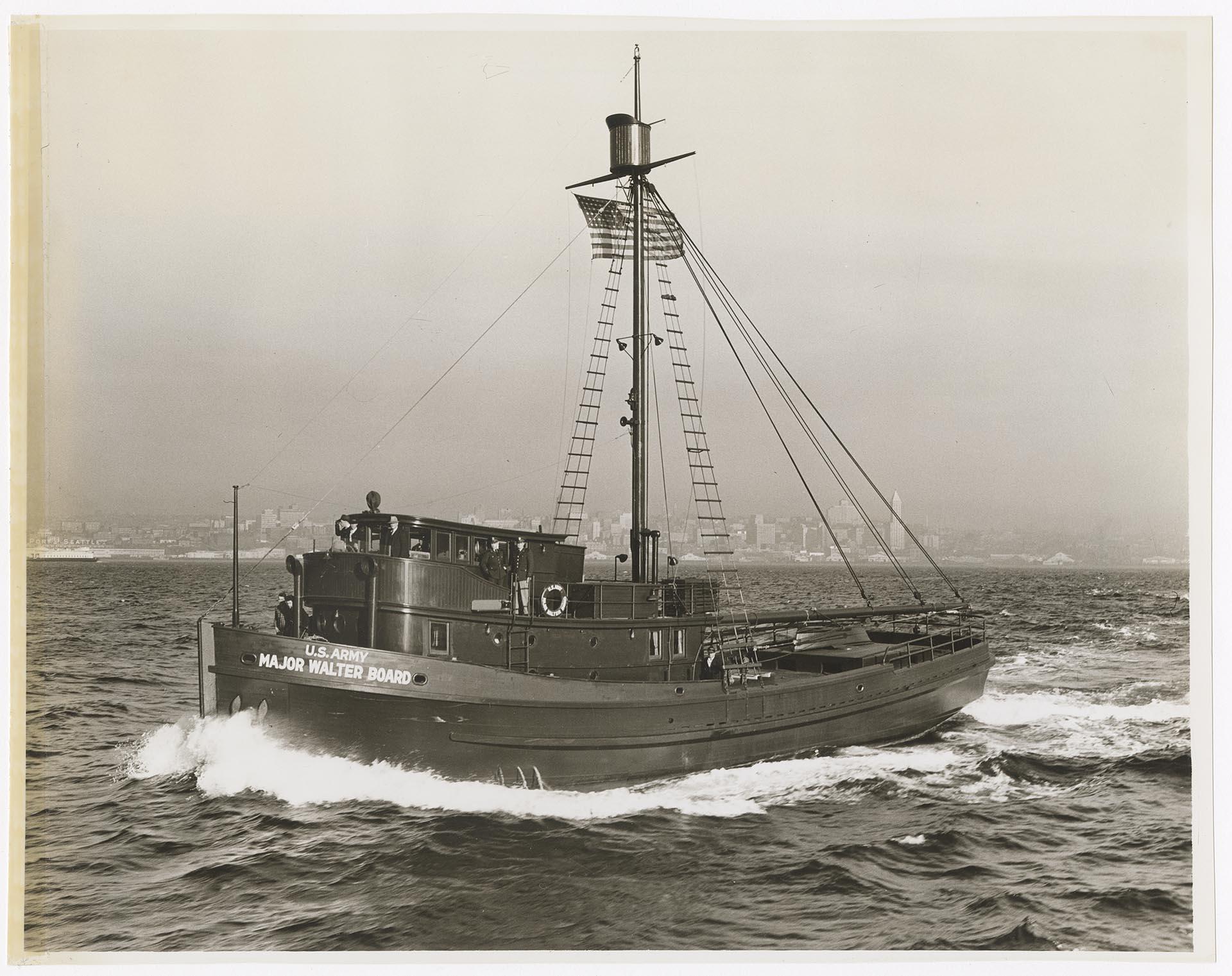 Image of U.S. Army boat Major Walter Board on Elliott Bay, Seattle, circa 1943