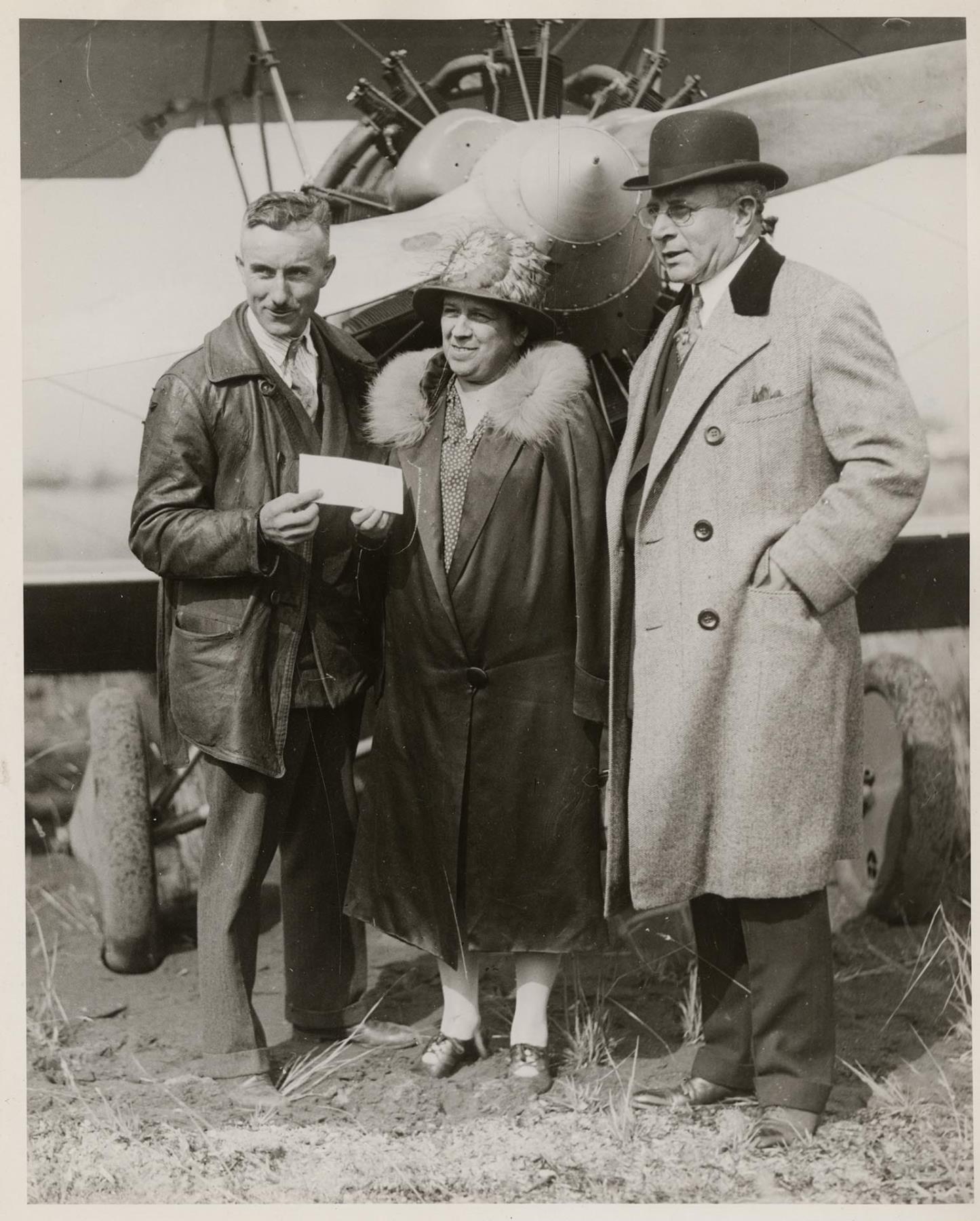 Image of Grover Tyler, Mayor Bertha Landes, and James Spangler near plane, Seattle, September 15, 1926