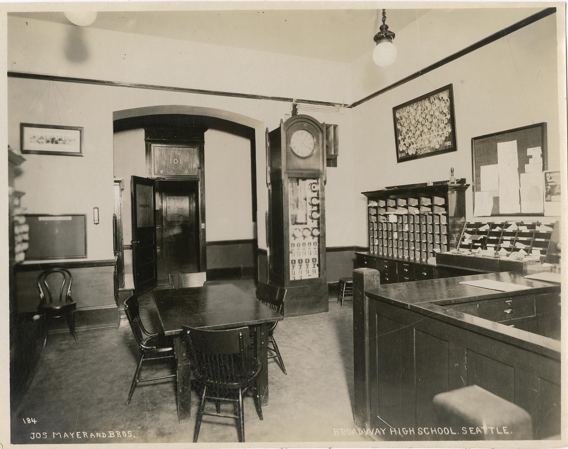 Image of Joseph Mayer & Brothers Co. floor clock, Broadway High School, Seattle, circa 1920