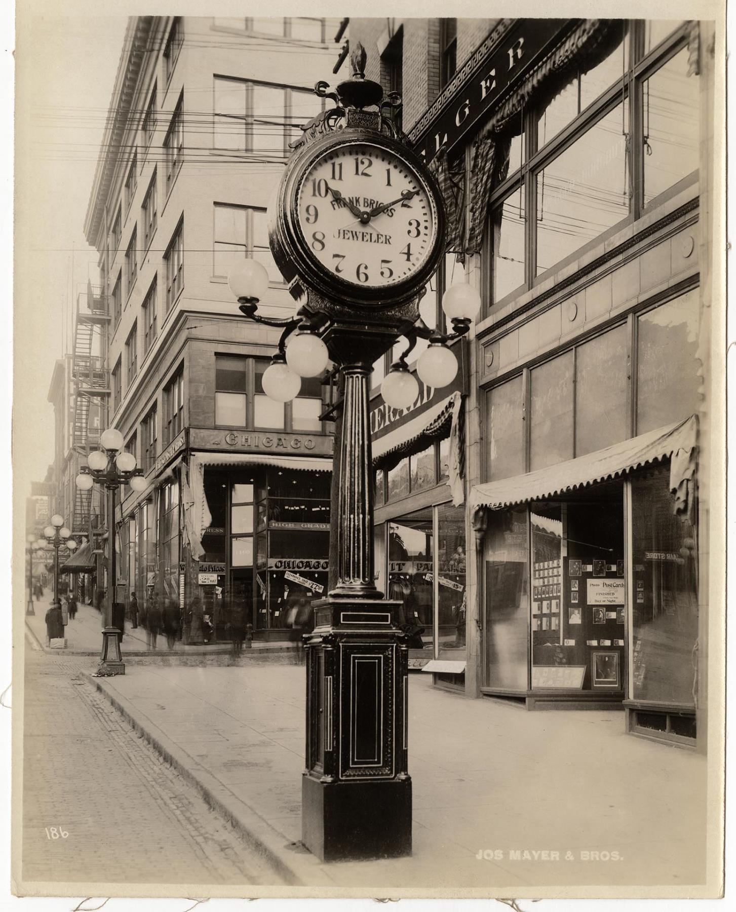 Image of Joseph Mayer & Brothers Co. street clock for Frank Briggs Jeweler, 1402 1st Ave., Seattle, circa 1920