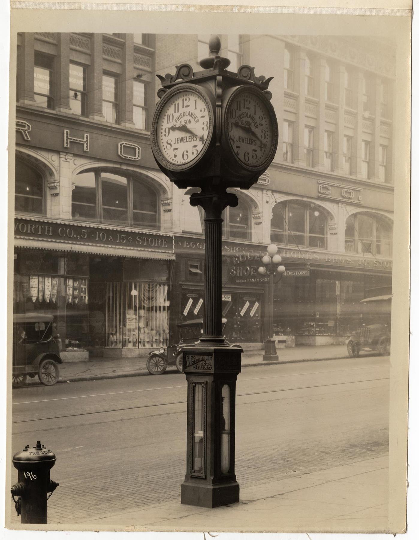 Image of Joseph Mayer & Brothers Co. street clock for Friedlander Jewelers, 2nd Ave., Seattle, circa 1920