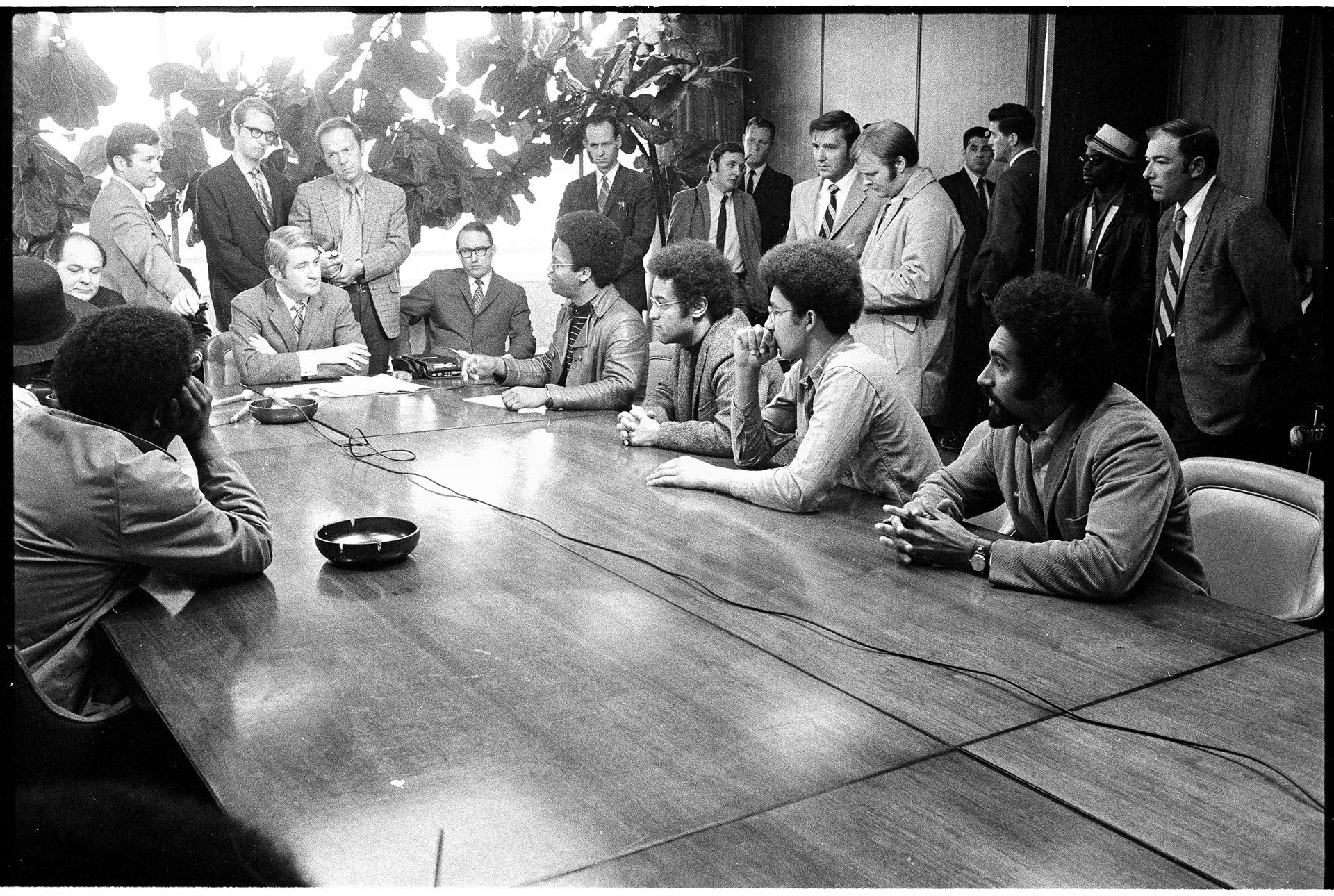 Image of Black delegation meeting with officials at City Hall after Larry Ward shooting, Seattle, May 19, 1970