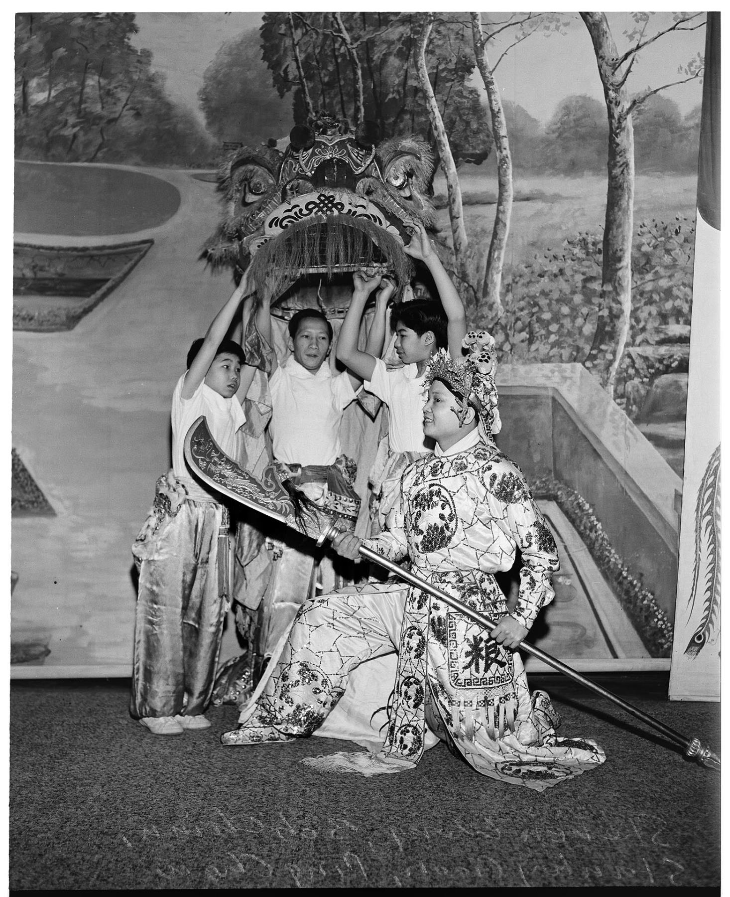 Image of Ping Chow and others rehearsing the Lion and Sword Dance, Seattle, February 8, 1952