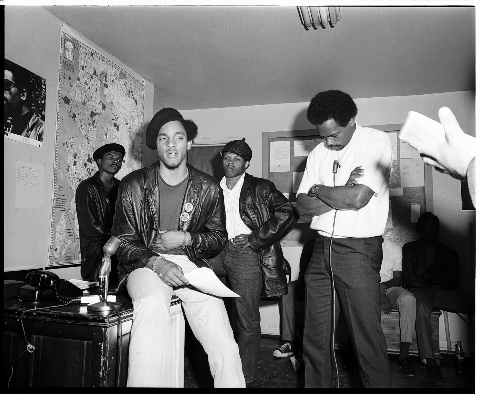 Image of Seattle Black Panther Party members at press conference, Seattle, July 1, 1968