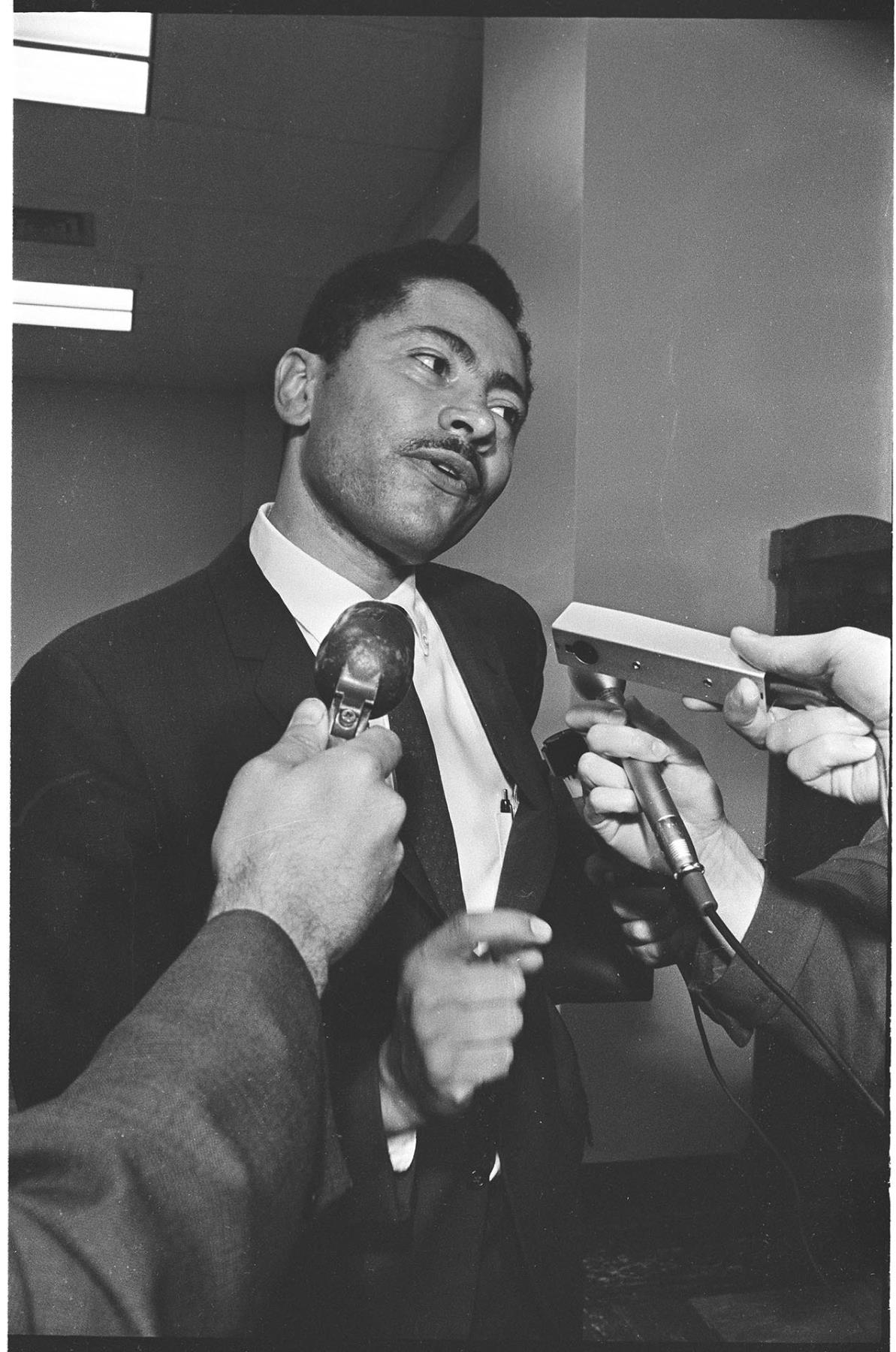 Image of Attorney Lem Howell speaking to press, May 28, 1970