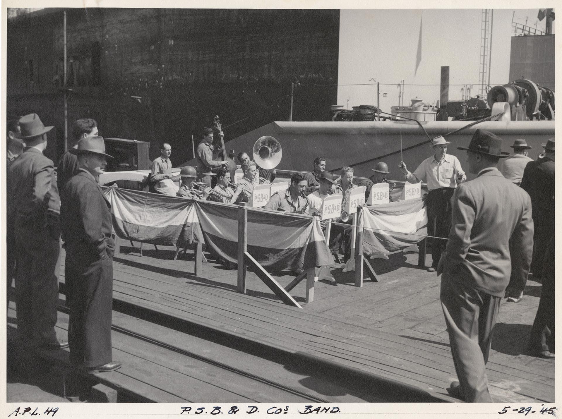 Image of Puget Sound Bridge and Dredging Company band playing for the APL 49 launch party, Seattle, May 29, 1945
