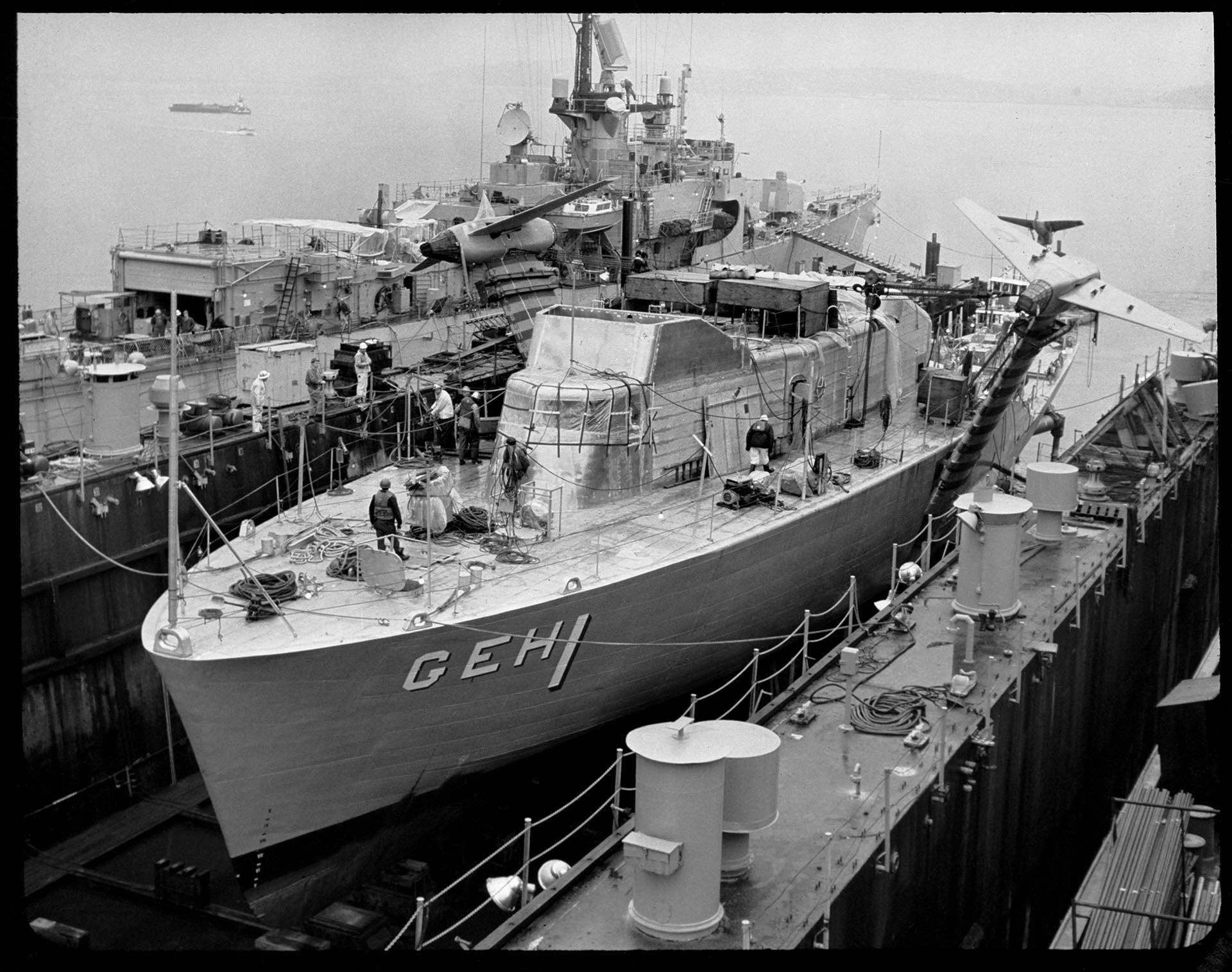 Image of Lockheed Shipbuilding and Construction Company employees working on the USS Plainview, Seattle, circa 1964