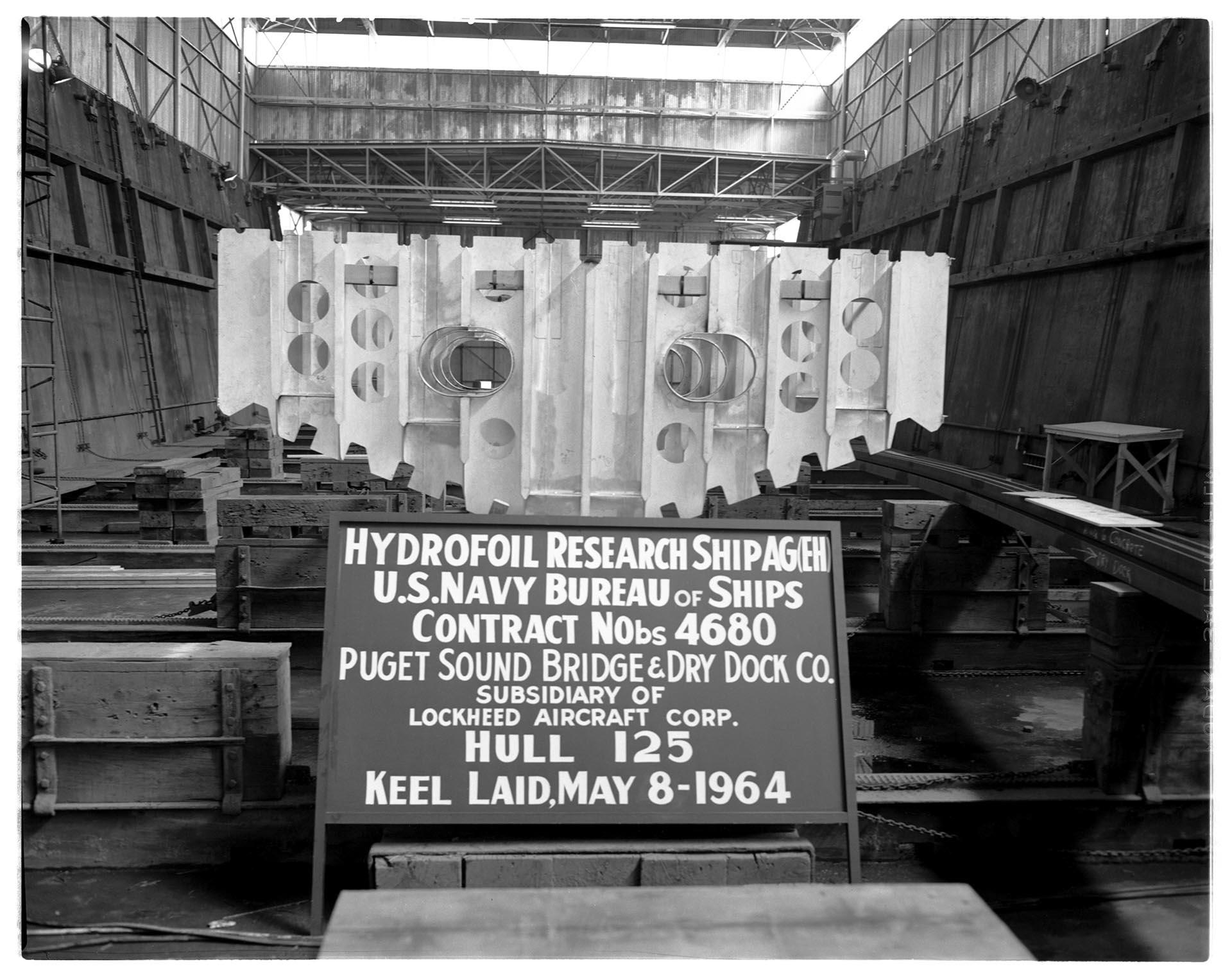 Image of Keel of the USS Plainview at Lockheed Shipbuilding and Construction Company, Seattle, 1964
