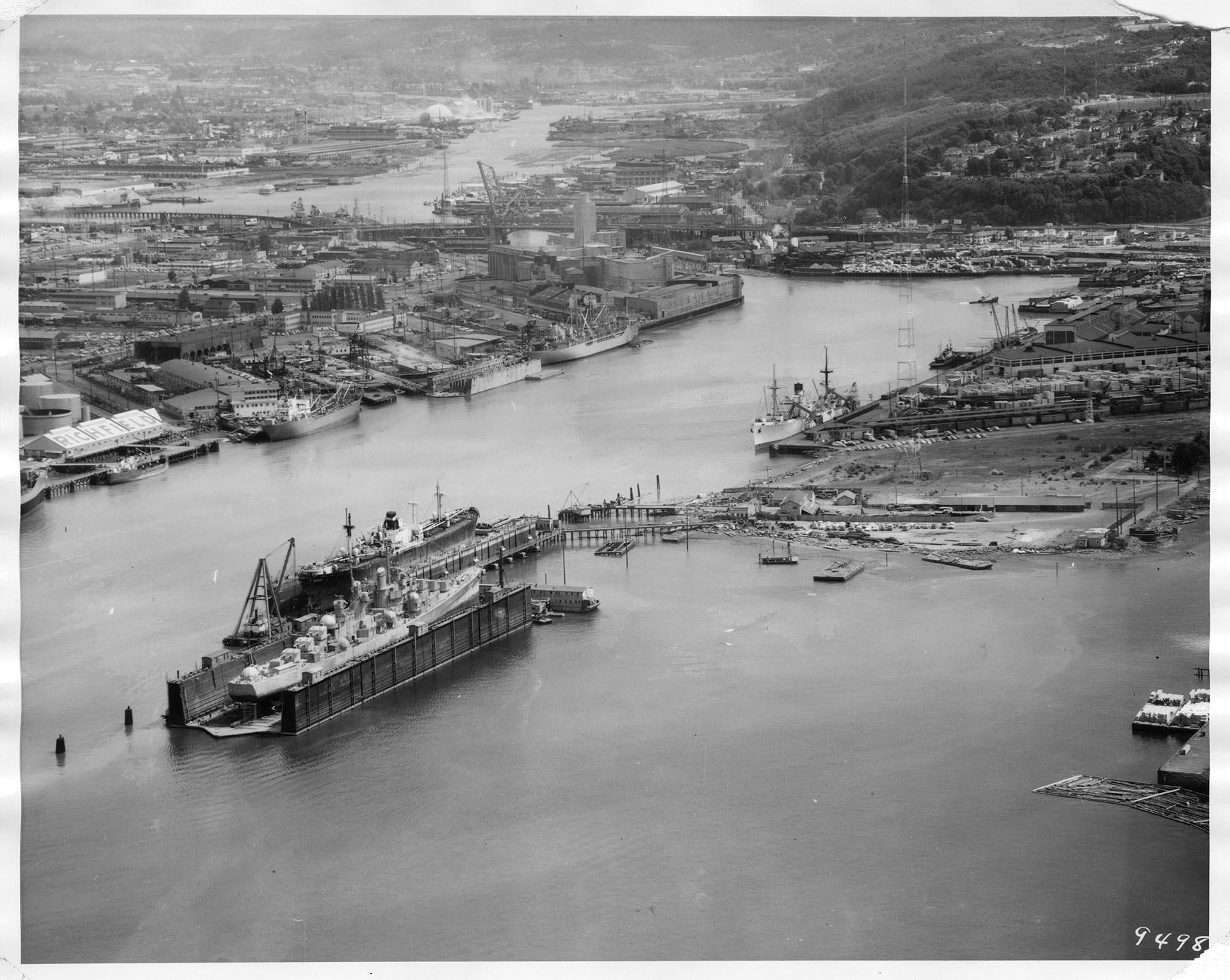 Image of Aerial view of the Associated Shipbuilders shipyard, Seattle, June 14, 1955