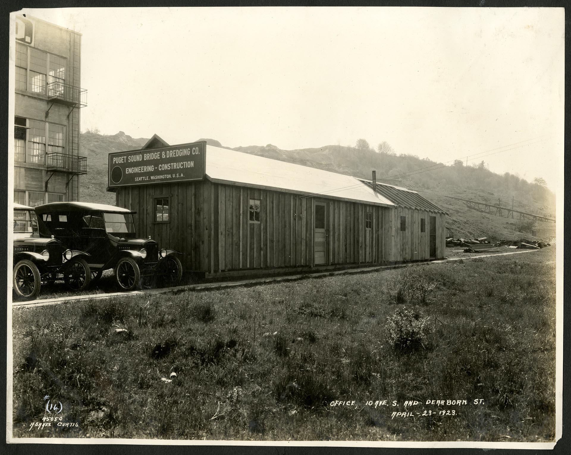 Image of Puget Sound Bridge and Dredging Company office building on Dearborn Street, Seattle, April 23, 1923