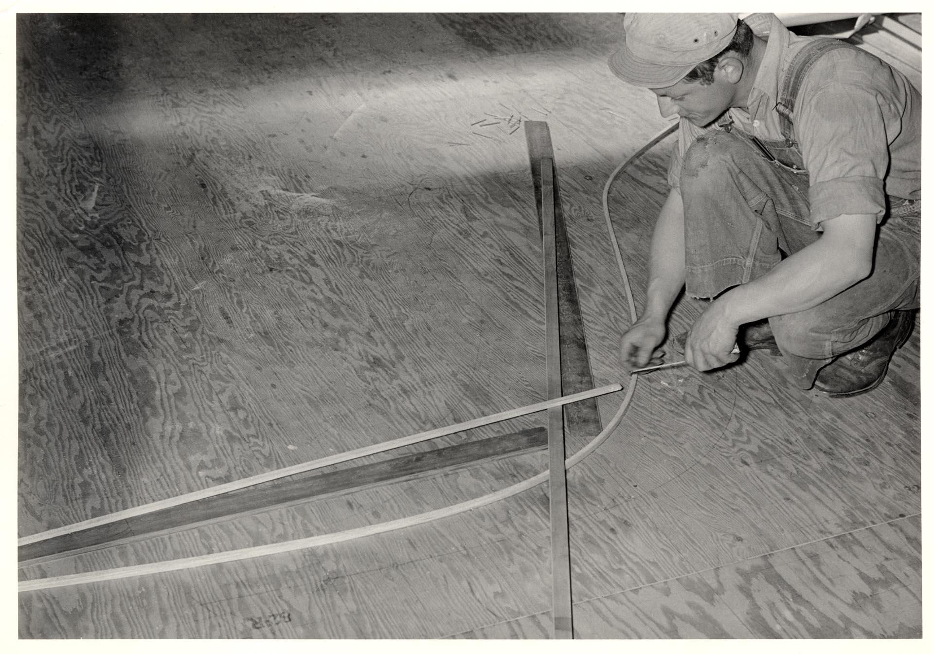 Image of Journeyman boatbuilder William Wood working at Blanchard Boat Company shipbuilders, circa 1950