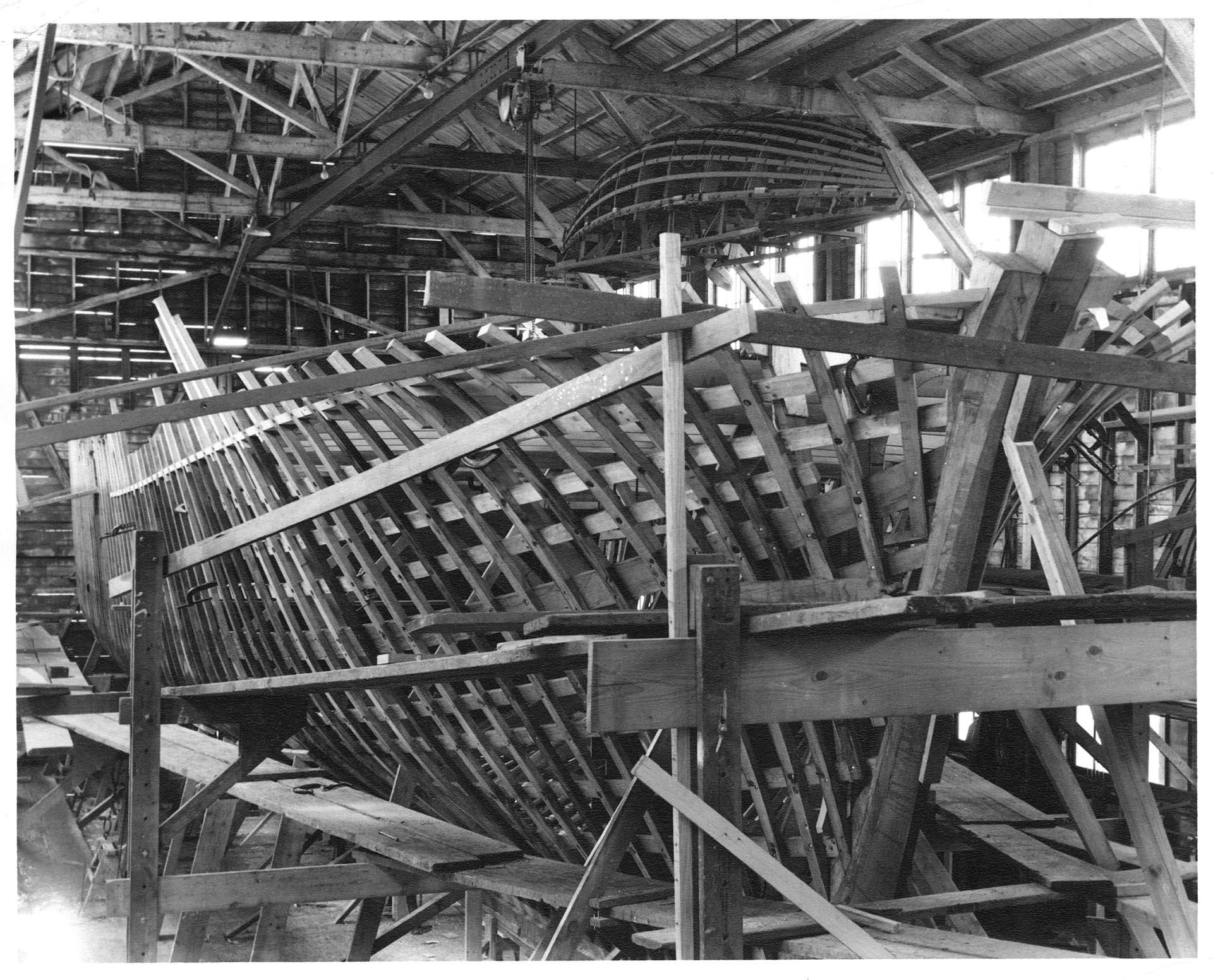 Image of Motor yacht Blue Heron II under construction at Blanchard Boat Co., Seattle, circa 1955
