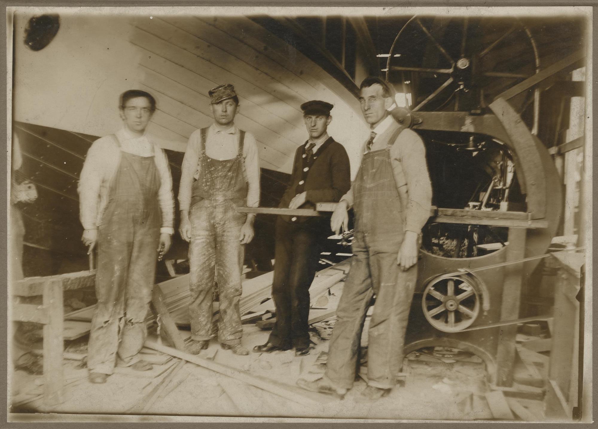 Image of N.J. Blanchard and others at Johnson Bros. & Blanchard boatyard, Georgetown, circa 1912